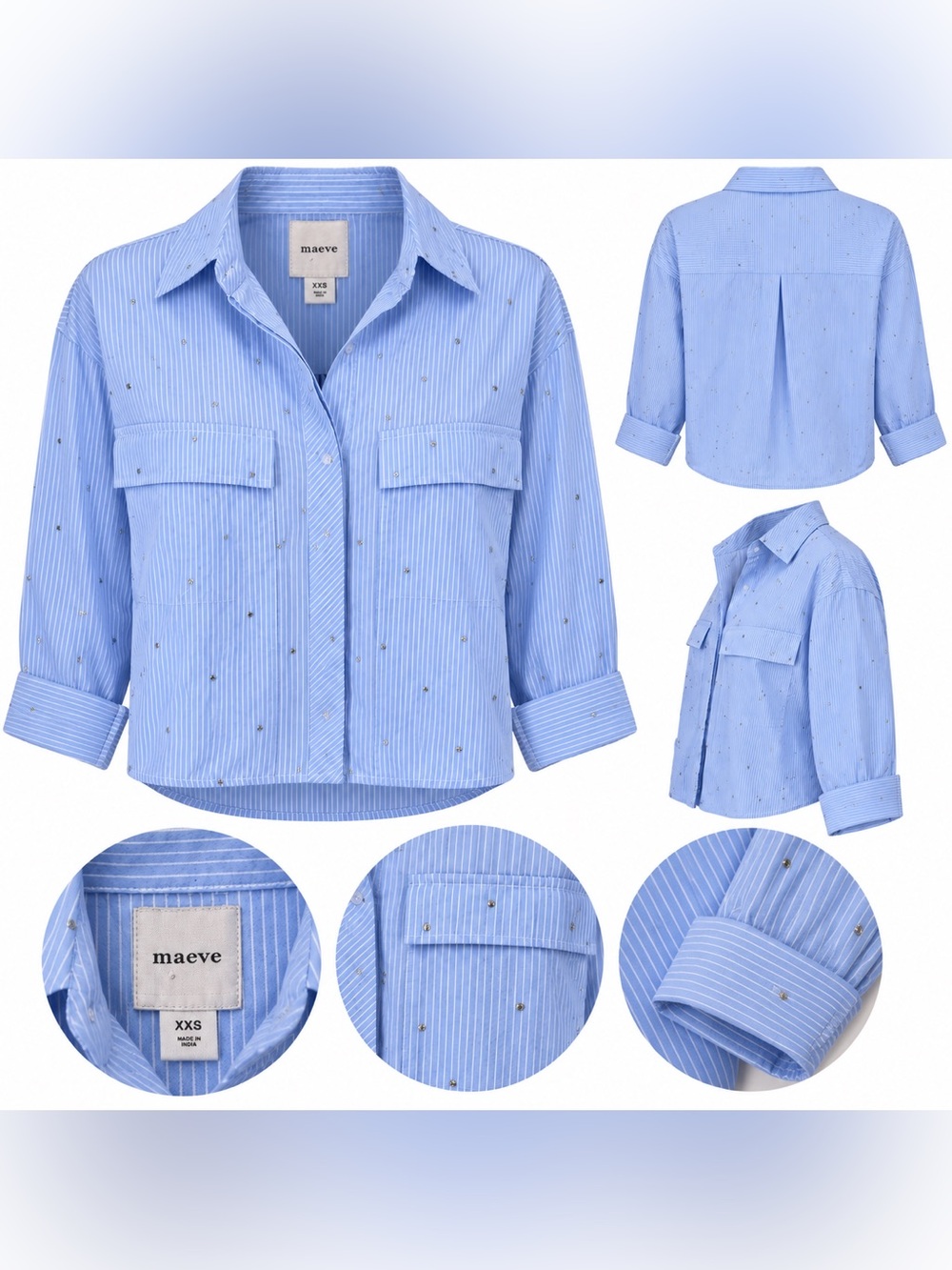 Maeve by Anthropologie XXS Blue & White Striped Embellished Utility Shirt